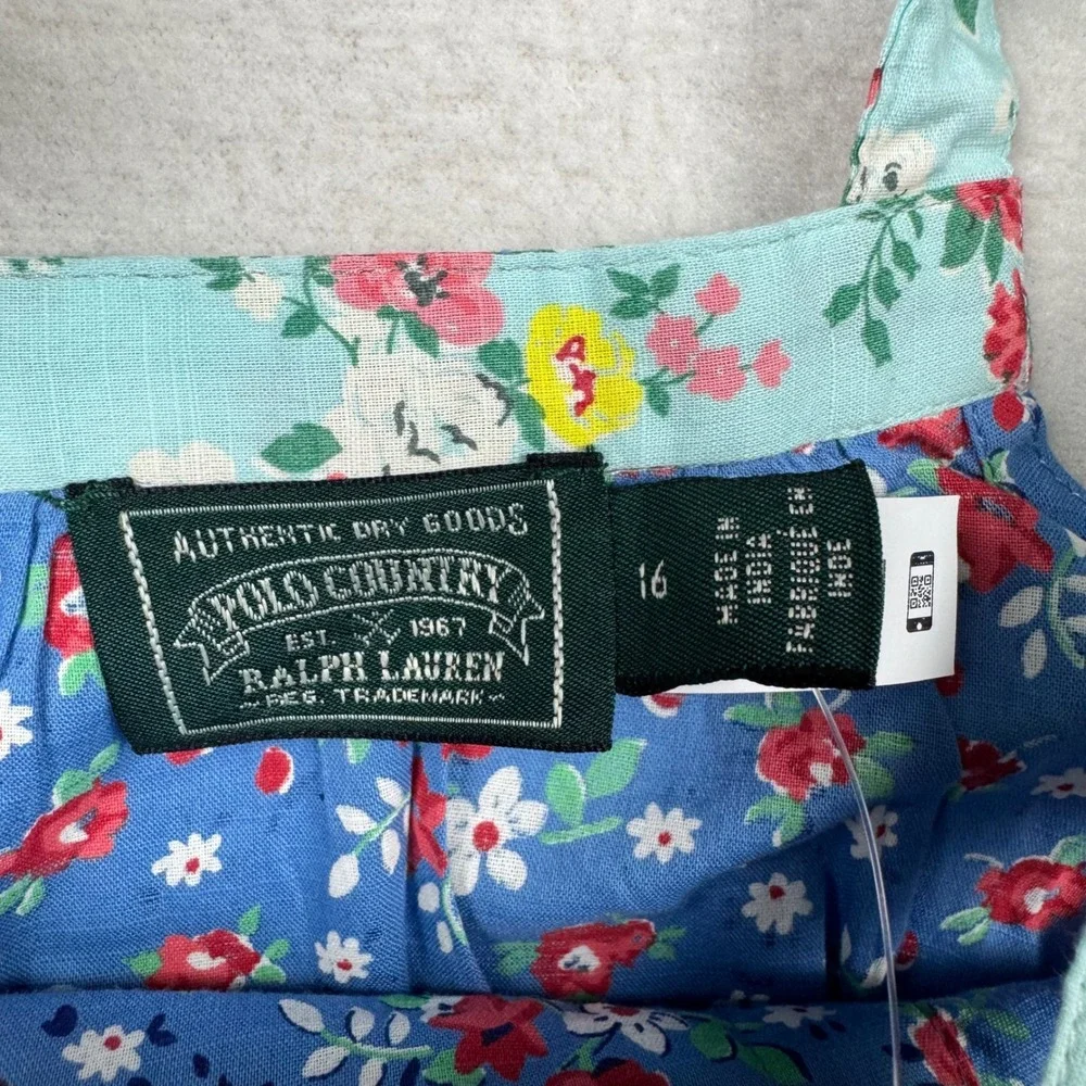 Polo Country Ralph Lauren Patchwork Dress Blue Floral Ruffle Straps Size 16‎